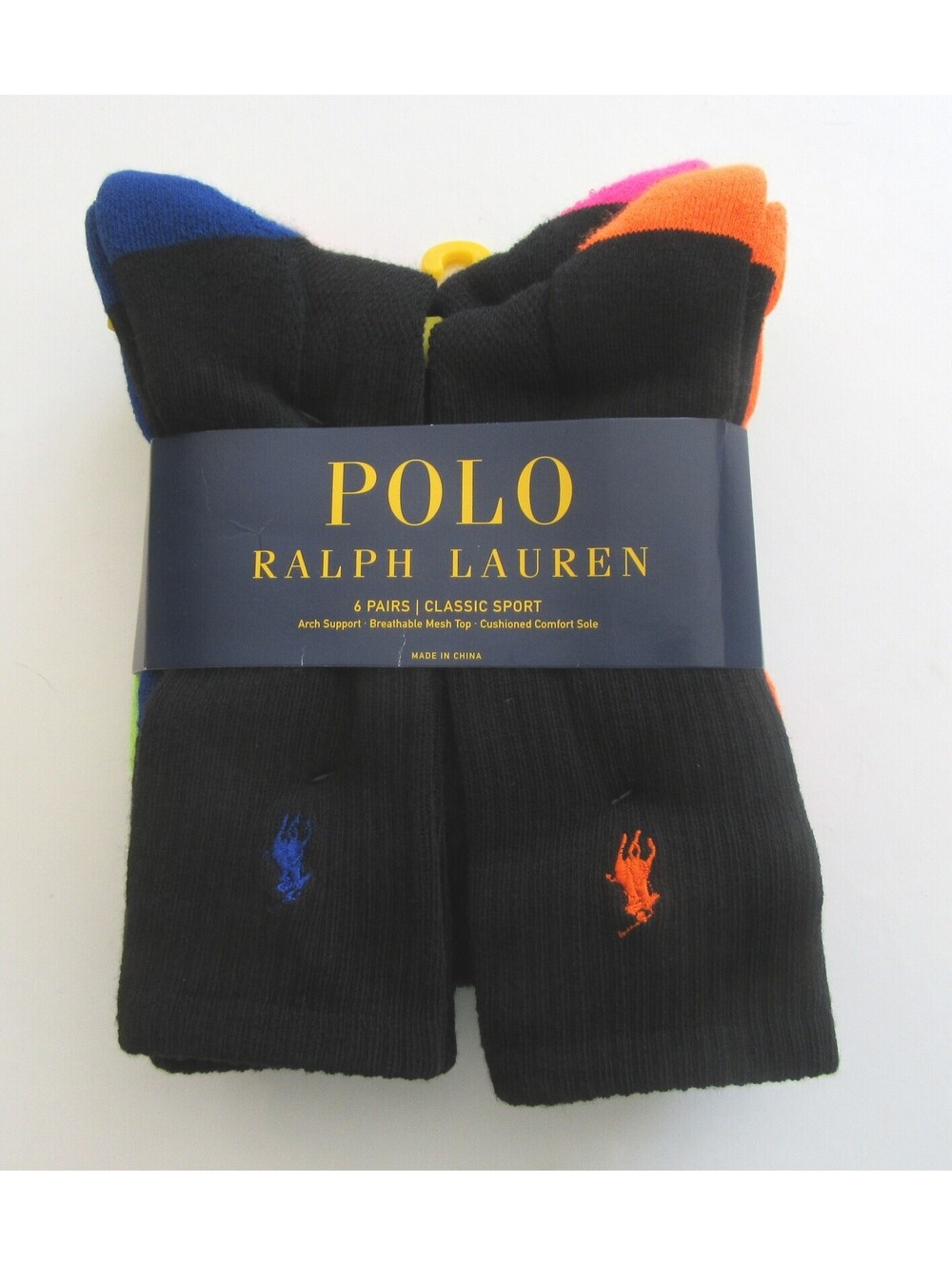 Polo Ralph Lauren Mens Crew Socks Black Multicolor 6 pack NWT